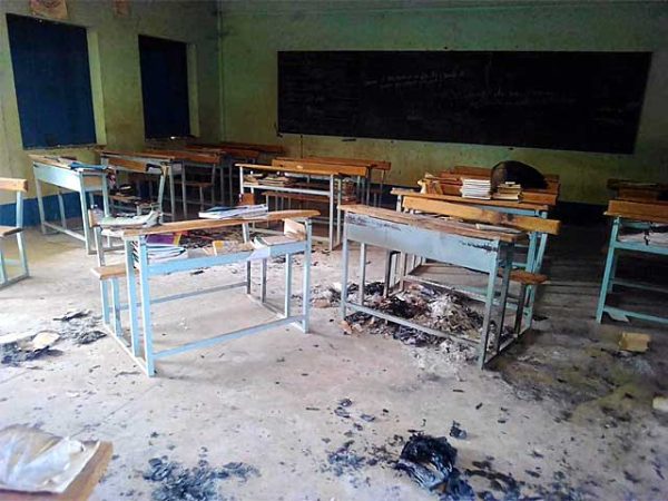 Classroom fire damaged from terrorist vandalism